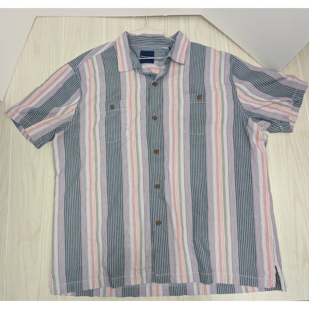 Tommy Bahama Men XXL Button Shirt Purple Blue Red Striped Silk Blend Short sleev